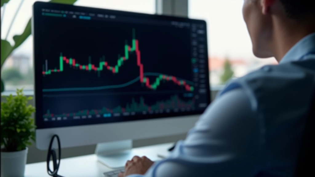 Trading chart display on computer monitor showing candlestick patterns and technical analysis lines