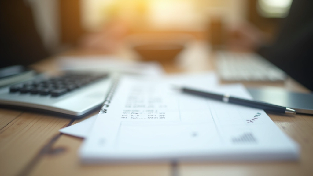 Financial data on notebook with pen and calculator, showing trend analysis notes and calculations