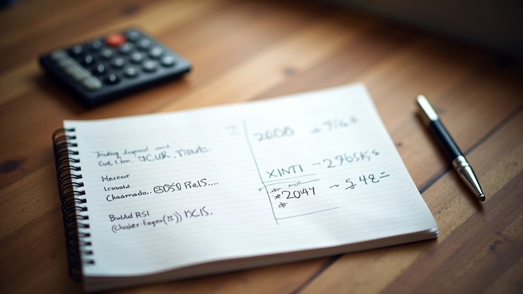 Notebook with handwritten notes about RSI indicator calculations and market analysis on wooden desk