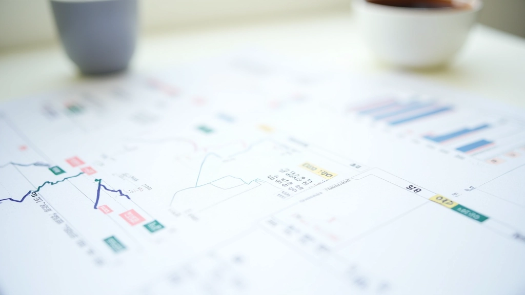 Financial charts and market data printed on paper with highlighter markings and annotations