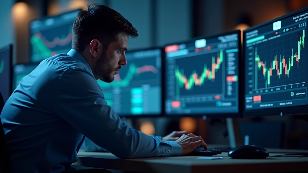 Trader working at multiple monitors displaying different timeframe charts with RSI indicators, analyzing momentum across markets