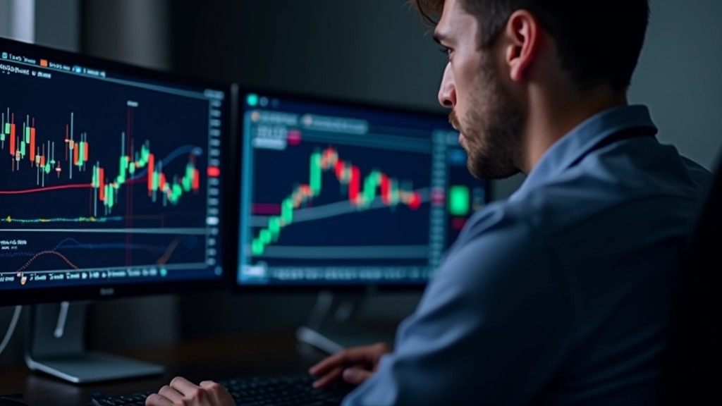 Multiple monitors showing trading screens with different moving average indicators displayed on price charts