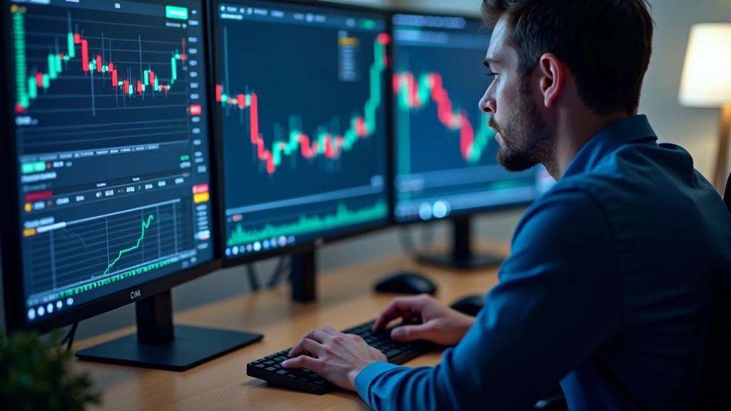 Trading desk workspace with multiple screens showing market volatility charts and price patterns